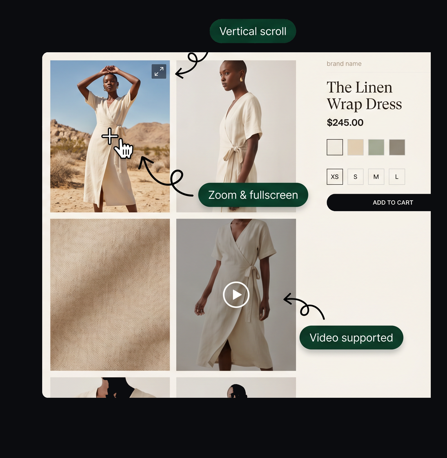 Vertical-scroll product gallery with swipe, zoom and fullscreen lightbox