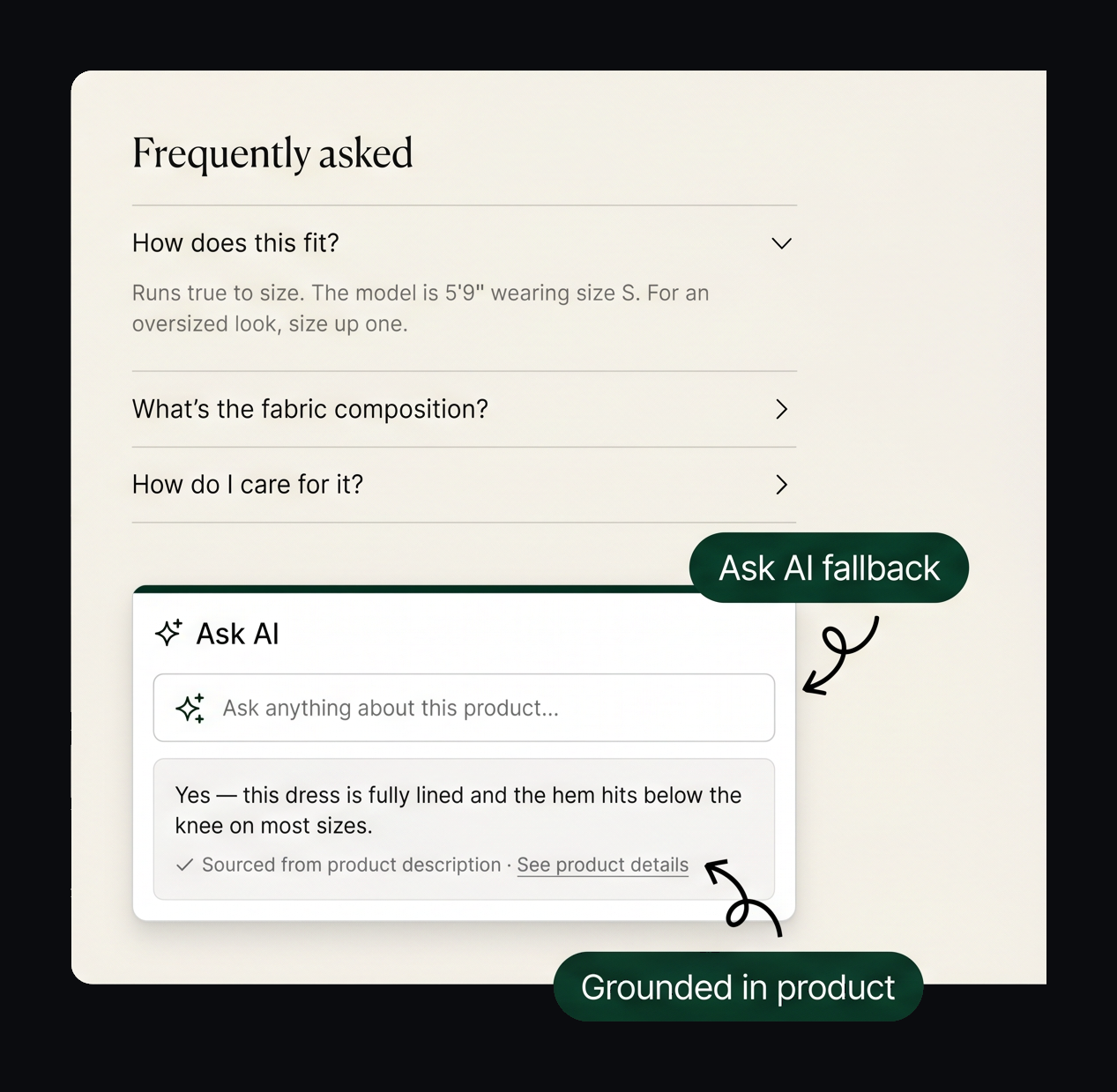 Product page FAQ accordion with a live Ask AI input block below